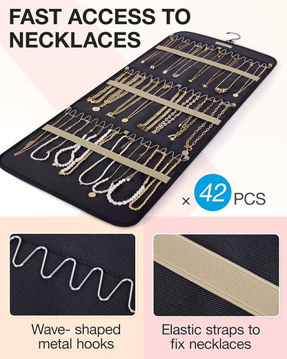 BAGSMART Hanging Jewelry Organizer Storage Roll with Hanger Metal Hooks Double-Sided Jewelry Holder for Earrings, Necklaces, Rings on Closet, Wall, Door, 1 piece, Large, Black