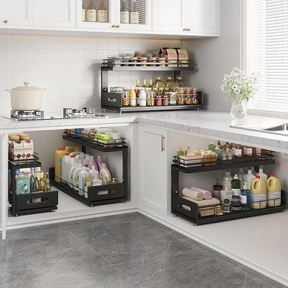 Under Sink Organizer Upgrade To Professional Rails,2-Tier Dual Pull Out Cabinet Storage,Height Adjustable Slide Out Drawers For Bathroom Kitchen,1 Pack-21"Dx12.8"-16.9"H,Black