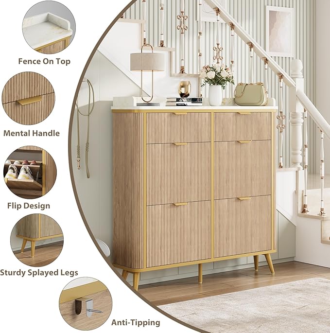 Shoe Cabinet with 4 Flip Drawers and 2 Drawers, Modern Fluted Wood Shoe Storage with Adjustable Shelves, Narrow Slim Shoe Organizer for Entrance, Foyer, Hallway, Nature Oak