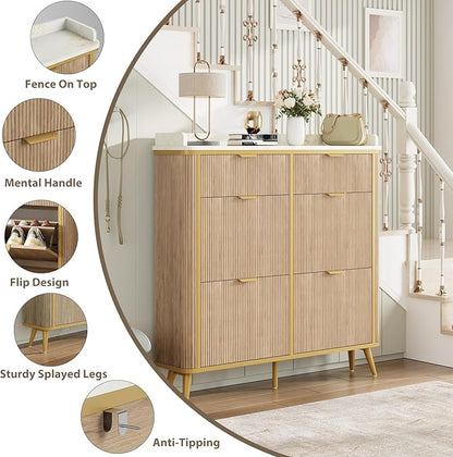 Shoe Cabinet with 4 Flip Drawers and 2 Drawers, Modern Fluted Wood Shoe Storage with Adjustable Shelves, Narrow Slim Shoe Organizer for Entrance, Foyer, Hallway, Nature Oak