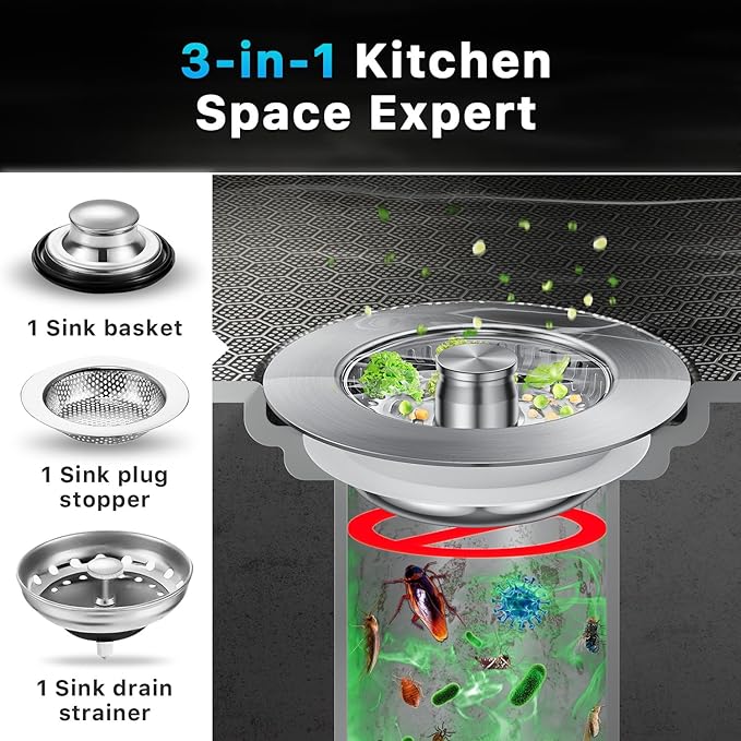 1S-Install Upgraded Kitchen Sink Strainer & Stopper – Pop-Up Fast Drain, Anti-Clog Basket & Deodorizing Cover – Fits US Standard 3.5 in Drain, 3 in 1 Stainless Steel Sink Drain Strainer (Snow)