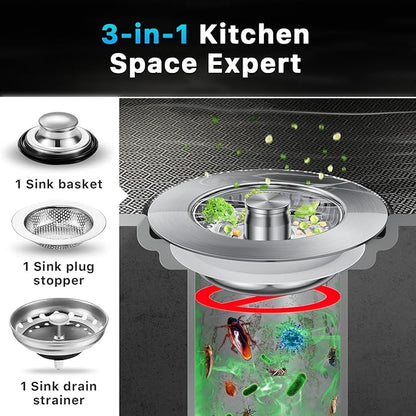 1S-Install Upgraded Kitchen Sink Strainer & Stopper – Pop-Up Fast Drain, Anti-Clog Basket & Deodorizing Cover – Fits US Standard 3.5 in Drain, 3 in 1 Stainless Steel Sink Drain Strainer (Snow)