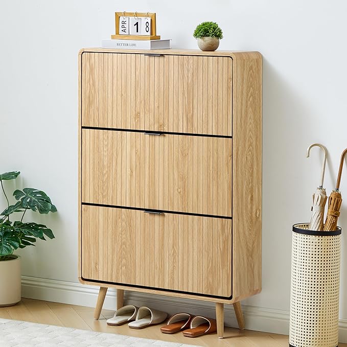 Narrow Shoe Cabinet Storage for Entryway,Slim Shoe Cabinet with 2 Flip Drawers, Fluted Shoes Rack Organizer (All Natural, 3 Drawers)