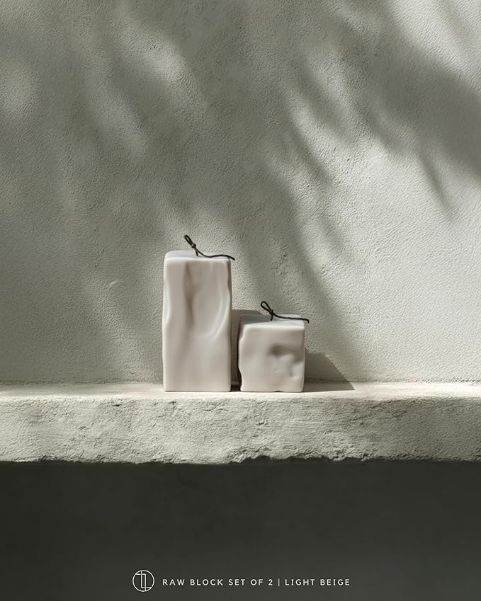 LAWA Raw Block Set of 2 Candle - Beautiful Handmade Pillar Scented Soy Wax Elegant Aesthetic Candle Housewarming Gift Home Room Shelf Decor Idea (Light Beige, Set of 2)