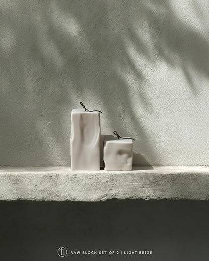 LAWA Raw Block Set of 2 Candle - Beautiful Handmade Pillar Scented Soy Wax Elegant Aesthetic Candle Housewarming Gift Home Room Shelf Decor Idea (Light Beige, Set of 2)