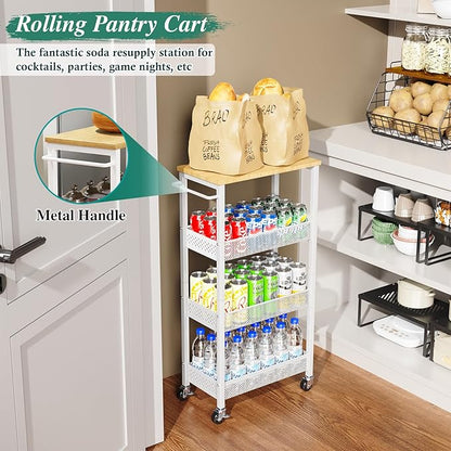 OKZEST Utility Slim Storage Cart, 4-Tier Narrow Bathroom Organizers and Storage Cart, Narrow Metal Kitchen Laundry Room Organization Shelf with Wood Top, Slim Rolling Carts with Wheels for Small Space