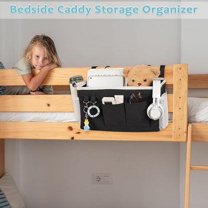 Loghot Bedside Caddy/Bedside Storage Bag Hanging Organizer for Bunk and Hospital Beds,Dorm Rooms Bed Rails,Can be Placed Glasses,Books,Mobile Phones,Keys (Black)