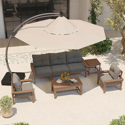 Teak HDPE Outdoor Patio Furniture Set, 10-Piece Patio Conversation Sets with Coffee Table & Washable Thick Cushions, Outdoor Sofa for Garden, Balcony, Porch, Yard, Lawn, Poolside