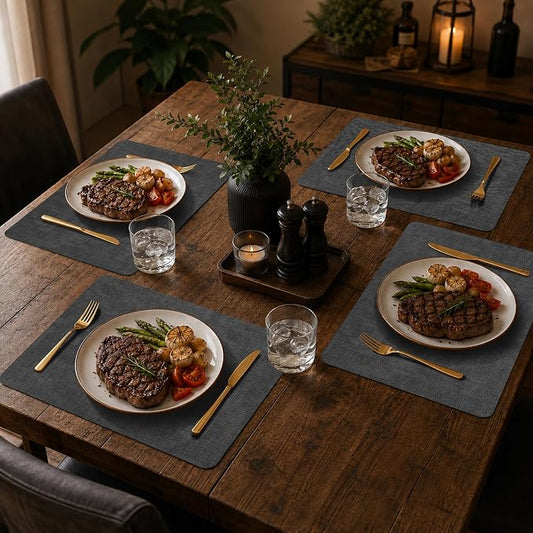Maxpearl Faux Leather Placemats Set of 6 - Waterproof - Wipe Clean - Heat Resistant - Anti Slip Dining Table Place Mats, Suitable for Indoor & Outdoor Use, 17’’×12’’, Black