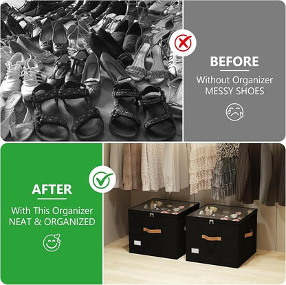 Vincona Shoe Organizer for Closet,2 Pack Shoe Storage Bins Foldable Shoe Storage Box Containers with Clear Cover and Sturdy Handles,Shoe Rack for Closet Storage for Sneakers Heels Slippers (Black)