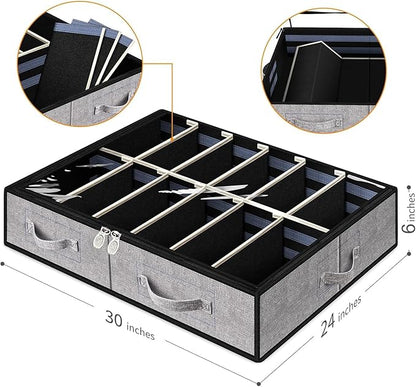 Under Bed Shoe Storage Organizer, Set of 2, Underbed Shoes Container with Adjustable Dividers, Fits 24 Pairs, Gray