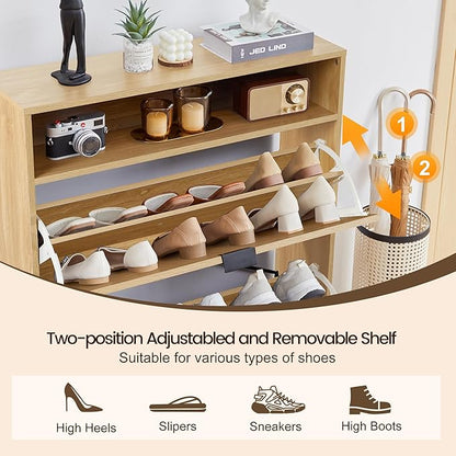 47" Fluted Large Shoe Cabinet with 4 Flip Drawers, Slim Freestanding Shoe Cabinet Organizer, Narrow Shoes Storage Rack for Entryway, 5 Sturdy Legs (All Natural-2 drawers, 9.45"D x 31.5"W x 41.93"H)