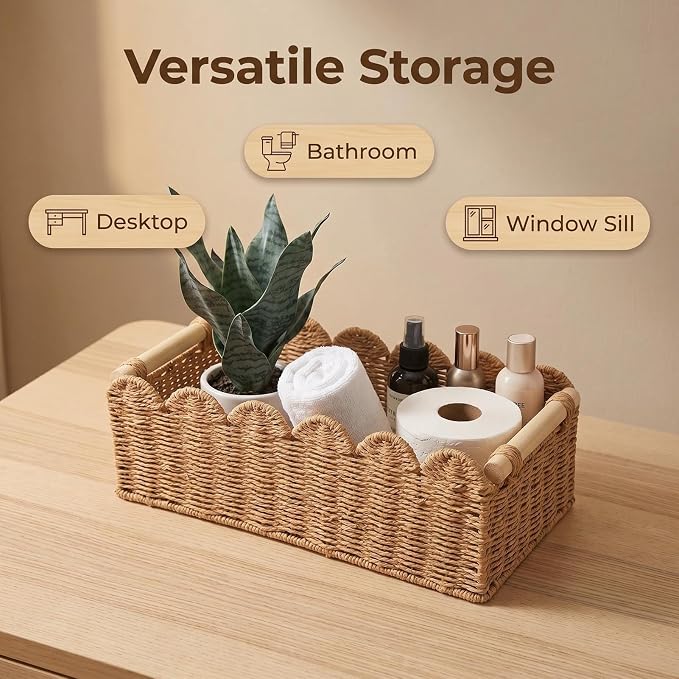 2-Pack Scalloped Woven Paper Rope Baskets with Wood Handles – Toilet Paper Storage Basket for Tank & Counter, Decorative Bins for Bathroom, Shelves, and Living Room