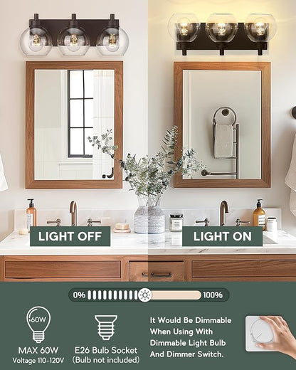 Bathroom Light Fixtures Over Mirror, 3-Light Oil Rubbed Bronze Vanity Light with Clear Glass Globe Shade, Modern Sconces Wall Lighting, Bathroom Wall Lights for Bedroom Hallway, VL195-ORB-3