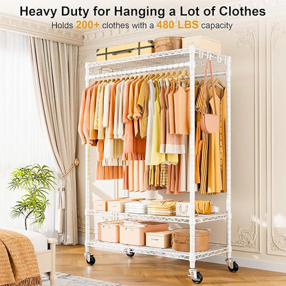 P7 Rolling Clothes Rack, Clothing Racks for Hanging Clothes, Heavy Duty Garment Rack with Wheels, 3 Tiers Freestanding Portable Closet Rack 45''W × 20.5''D × 80.5''H, Max Load 480 lbs, White