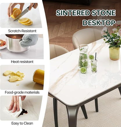 Dining Table, Sintered Stone Kitchen Table, 55'' White Modern Rectangular Slate Patio Table with Metal Legs, Indoor Outdoor Stone Dining Table for Patio, Backyard, Scratch and Heat Resistant