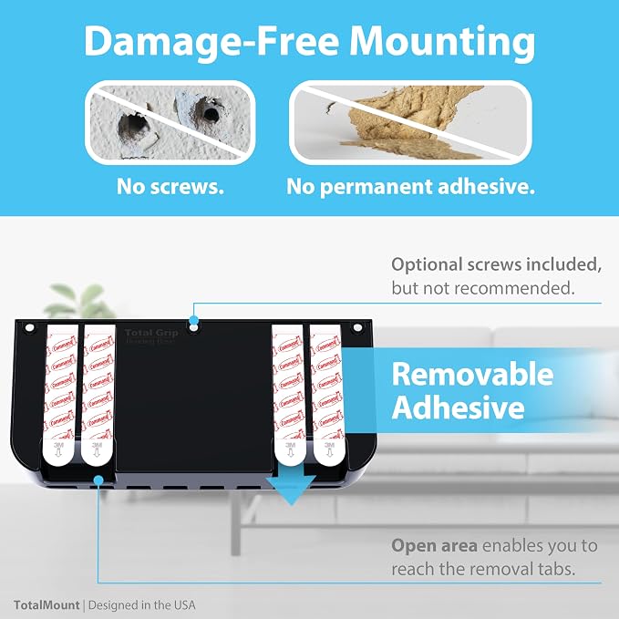 TotalMount Hole-Free Remote Holder – Eliminates Need to Drill Holes in Your Wall (Premium Black Holder for 3 or 4 Remotes)