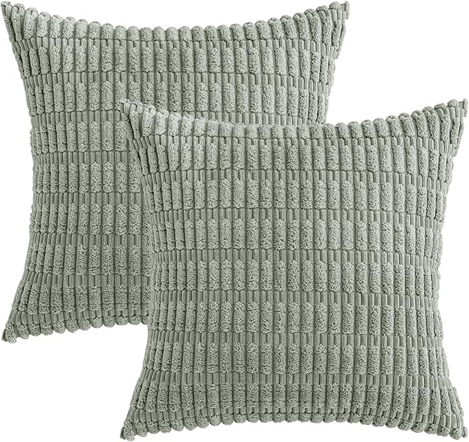MIULEE Pack of 2 Spring Corduroy Decorative Throw Pillow Covers 18x18 Inch Soft Boho Striped Pillow Covers Modern Farmhouse Home Decor for Summer Sofa Living Room Couch Bed Greyish Green