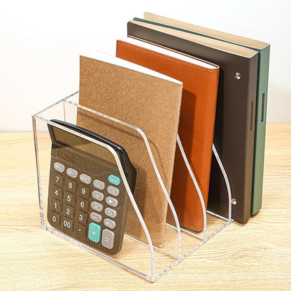 Acrylic Magazine File Holder, 4 Vertical Compartments Desk Document Sorter Organizer, Clear Folder Rack Binder for Office, Documents, Tablets, Magazines, Books – Home/Classroom Rack