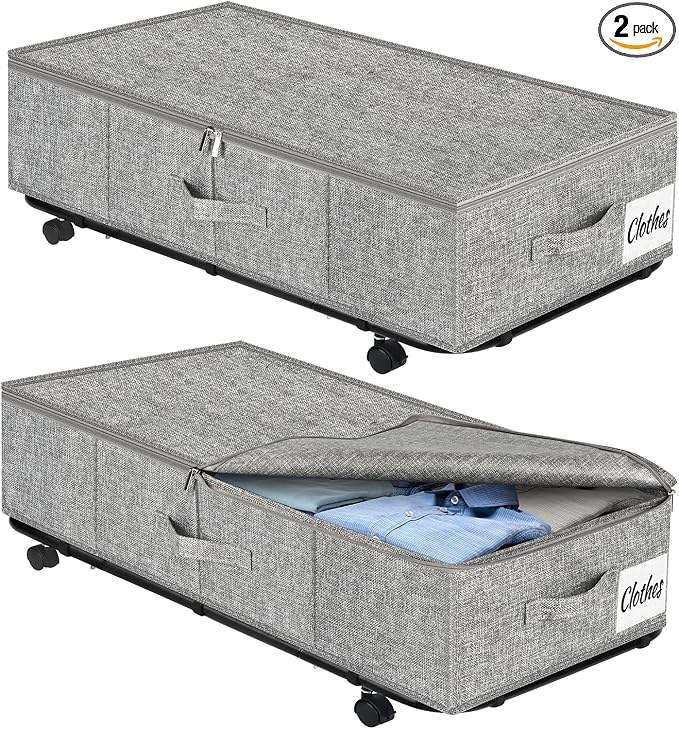 Large Sturdy Under Bed Storage with Wheels, 2 Pack 50L Rolling Underbed Storage Bins, Under Bed Containers Drawer with Metal Bottom Support, Bedroom Organizer with Lids for Clothes, Shoes, Blankets