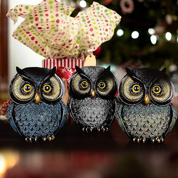 Artpaul Owl Statue Home Decor - Small Figurines for Shelves, Office, Living Room - Decorations and Gifts for Owl Lovers (Black-Green)