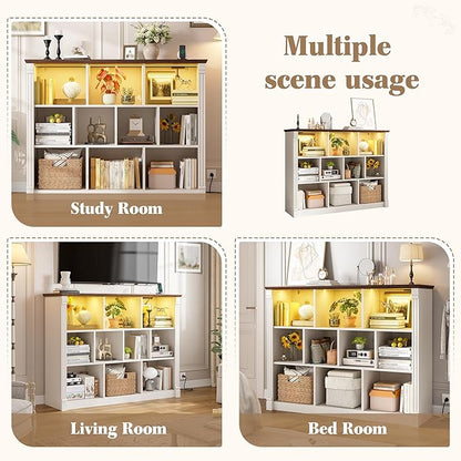 EnHomee 10 Cube Storage Organizer with LED Light and Charging Station Wood Cube Shelf White Bookshelf for Bedroom Living Room,Office,White