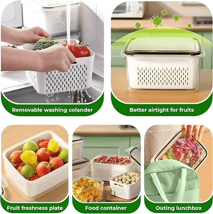 4-Piece Fruit Storage Containers for Fridge, Leakproof and Removable Colander, Dishwasher & Microwave Safe, Extend Freshness of Fruits and Vegetables (White)