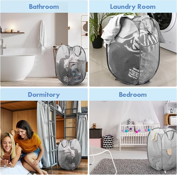 DUCOO Pop Up Laundry Hamper, 70L Collapsible Mesh Laundry Basket with Side Pocket, Foldable Dirty Clothes Hamper with Sturdy Reinforced Handles for Home Dorm Bedroom Travel Storage, Gray, 2Pack