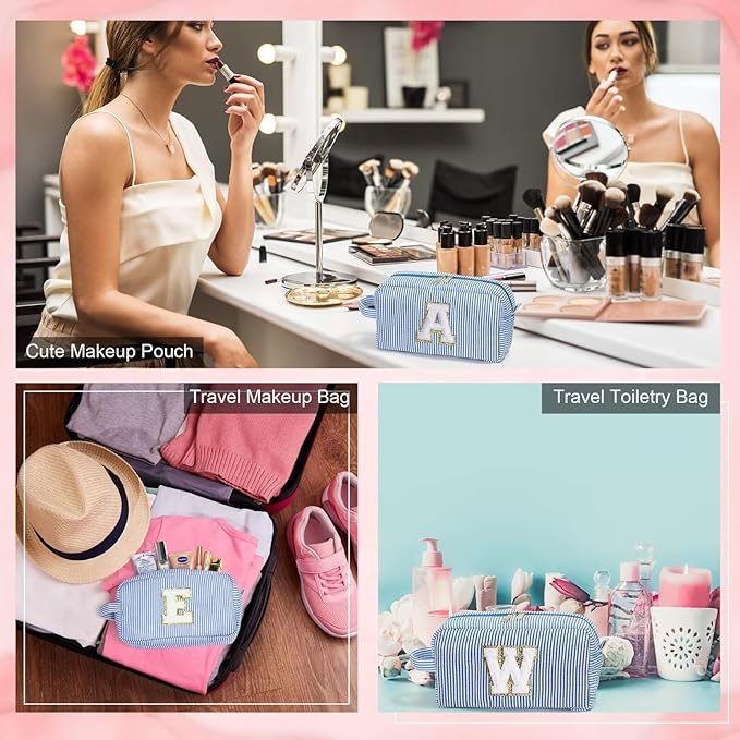 YOOLIFE Birthday Gifts for 6 7 8 9 10 11 12 13 14 15 Year Old Teen Girl - Initial Makeup Bag Letter Toiletry Pouch Cosmetic Case, Personalized Teen Girl Gifts Trendy Stuff Party Favor, Blue E