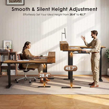 OffiGo 59 Inch L Shaped Electric Standing Desk with Drawers, Height Adjustable Corner Computer Desk with Keyboard Tray & Monitor Stand, Stand Up Table for Home Office Workstation, Rustic Brown