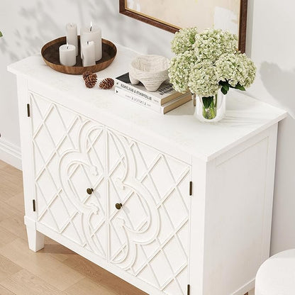 40" Coffee Bar Cabinet with Shelf, Craft Storage Cabinet with Doors, Wood Cabinet, Charming Carved Motif, Entry Way Cabinet with Storage, Sideboard Buffet for Living Room, Kitchen, Distressed White