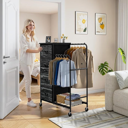 47.3" H Dresser with Hanging Rack, 4 Fabric Drawers with Double Clothes Rack & Wheels, Tall Closet Organizer Dresser for Bedroom, Entryway, Black, 15.8" D x 29.9" W x 47.3" H