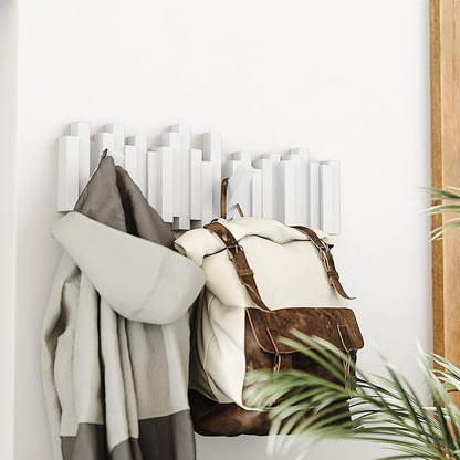 Umbra Sticks Wall-Mounted Coat Rack Rail Hook with 5 Retractable Pegs – Modern, Space-Saving Storage Organizer, White