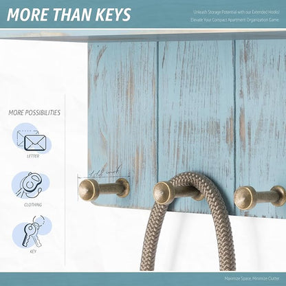 Rebee Vision Small Key Holder Wall Mount for Farmhouse Decor - Key and Mail Holder for Wall with Shelf and 4 Key Hooks - Room Decor Aesthetic (Distressed Blue)