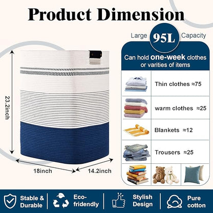 Degeyoyo Laundry Hamper, 95L Tall Laundry Basket with Leather Handles, Rectangle Large Clothes Hamper for Organizing, Cotton Woven Laundry Baskets Storage Hampers for Bedroom, Nursery, Living Room