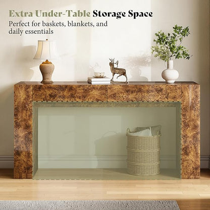 AMERLIFE 63" Burl Wood Console Table, Modern High Gloss Entryway Table with 2 Storage Drawers, Long Sofa Table Behind The Couch for Entrance, Hallway, Foyer, Living Room, Brown