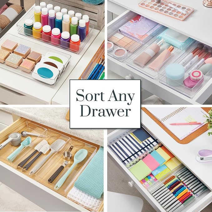 STORi SimpleSort 3-Piece Stackable Clear Drawer Organizer, 12" x 6" x 2" | Rectangle Trays, Wide Makeup Vanity Storage Bins, Office Desk Drawer Dividers, Made in USA