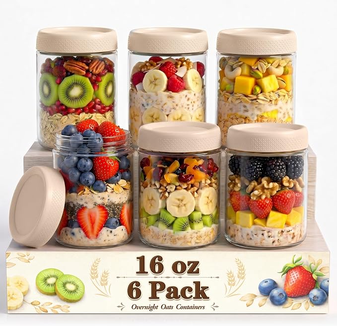 Overnight Oats Containers with Lids, 16oz Glass Storage Containers with Lids, Wide Mouth Mason Jars, Glass Jars with Airtight Lids for Sugar, Yogurt, Chia Seed, Pudding, Meal Prep 6-Pack