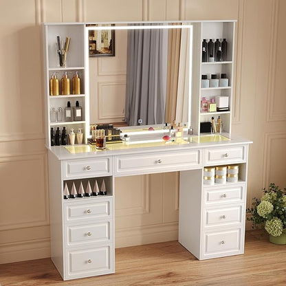 Vanity Desk with Mirror and Lights, Glass Top Dressing Table with 9 Drawers,European Style Vanity Table, Crystal Ball Knobs, White Makeup Desk (White-Glass Top)