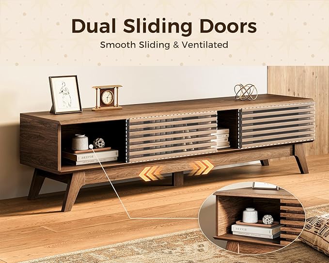 AODK 70.8" TV Stand for 55"/65"/75" TVs, Mid-Century Modern Fluted Entertainment Center with Sliding Doors, Storage Cabinets & Media Console Table, Living Room & Bedroom, Walnut