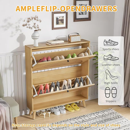 Shoe Storage Cabinet for Entryway with 2 Flip Drawers, Narrow Wood Shoe Cabinet with Fluted Panel, Freestanding Hidden Shoe Organizer for Foyer, Hallway (Wood Color - No Shelf)