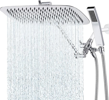 G-Promise All Metal 16 Inch Dual Square Shower Head with Handheld Spray Combo, Rain Shower Head, Adjustable Extension Arm, 3-Way Diverter, 71 Inch Extra Long Hose - A Bathroom Upgrade (Chrome)