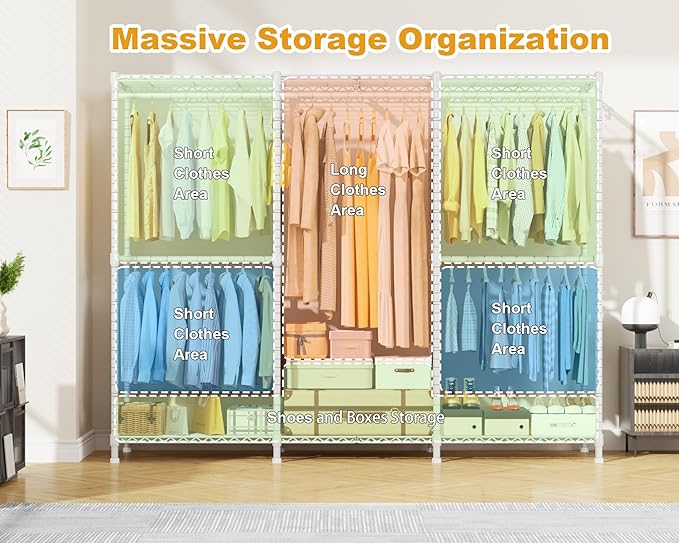 E14C Heavy Duty Closet Organizer System，Freestanding Clothing Racks for Hanging Clothes，Adjustable Garment Rack 70.1" W × 16.6" D × 76.4" H Hold 960 lbs，White Rack with White Dustproof Cover