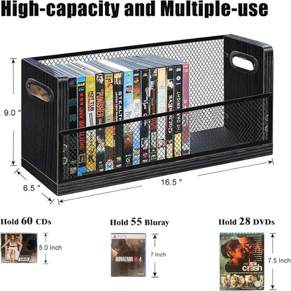 DVD Blu ray Storage Rack, DVD Shelf Holds Up To 28 DVD Cases, Stackable Wood & Metal DVD Tower with Magnetic Opening Door for Easy Access, Desktop Organizer for CDs, Video Game, VHS Tapes