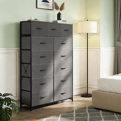 Tall Console Table with 13 Fabric Drawers, Entryway Table with Storage, Tall Storage Organizer with Wood Top, Steel Frame for Living Room, Hallway, Office, Dark Grey