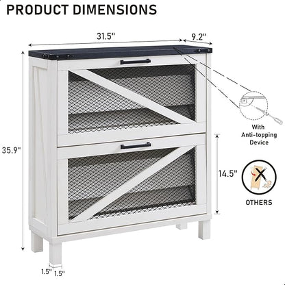 JXQTLINGMU Shoe Cabinet with 2 Flip Drawers, Farmhouse Shoe Storage Cabinet with Mesh Doors and Adjustable Shelves, Rustic Wooden Shoe Organizer, Small Shoe Cabinet Storage for Entryway, White