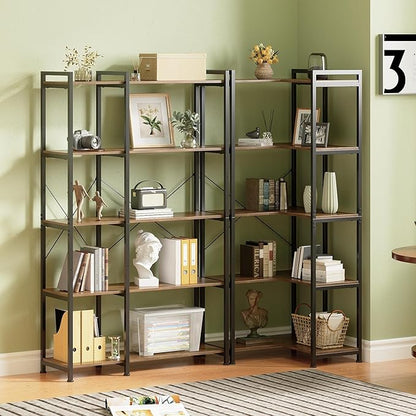 Tohomeor Bookshelf 5 Tier Deformable Corner Bookcase Free Standing Modern Industrial Book Storage Display Book Shelf for Bedroom Living Room Study Room Office (Brown)