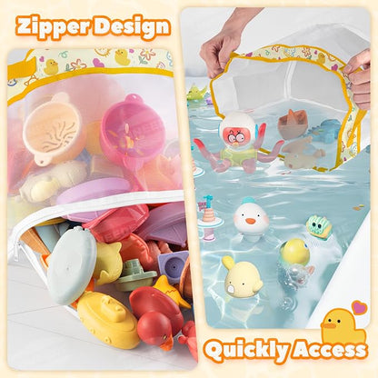 UNEEDE Duck Print Bath Toy Organizer, 4.15 Gallons Bathtub Toy Holder, Quick Dry Mesh Shower Caddy, Yellow Duck Stuff