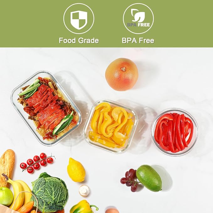 BAYZZ 30 Piece Glass Food Storage Containers Set, Glass Meal Prep Containers with Lids, Airtight Lunch Box, BPA-Free, Microwave, Freezer & Dishwasher Safe,Green