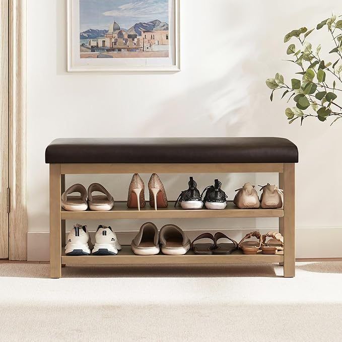 Shoe Rack Bench with Leather Cushion, 2 Tier Solid Wood Storage Bench, Mid-Century Modern Shoe Bench for Entryway, Hallway, Closet, Front Door Entrance, Foyer (Dark Brown, 39.4")